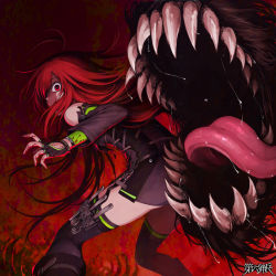 Rule 34 | 1girl, ahoge, black dress, black gloves, black thighhighs, blood, blood on clothes, blood on face, dairoku ryouhei, dress, feet out of frame, fingerless gloves, fork, from behind, gloves, hair over one eye, hetza (hellshock), knife, long hair, long sleeves, looking at viewer, monster, one eye covered, red background, red eyes, red hair, saliva, sharp teeth, short dress, solo, spoon, standing, strapless, strapless dress, teeth, thighhighs, tongue, very long hair