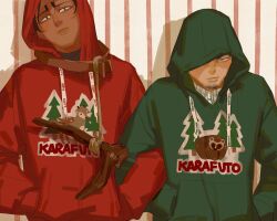Rule 34 | 2boys, animal print, bear print, brown eyes, brown hair, chengongzi123, christmas, closed mouth, commentary, dark-skinned male, dark skin, deer print, facial hair, goatee stubble, golden kamuy, green eyes, hands in pockets, head tilt, highres, hood, hood up, hoodie, koito otonoshin, locked arms, long sleeves, looking at viewer, male focus, multiple boys, red hoodie, short hair, striped background, stubble, symbol-only commentary, tsukishima hajime, upper body