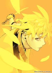 Rule 34 | 1boy, armband, artist request, blonde hair, falling feathers, feathers, gloves, holding, holding sword, holding weapon, japanese clothes, katana, male focus, parted lips, solo, sword, touken ranbu, upper body, weapon, yellow eyes, yellow gloves, yellow theme