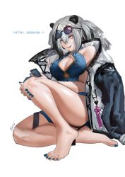 Rule 34 | 1girl, absurdres, animal ears, arknights, barefoot, breasts, chinese clothes, cleavage, feater (arknights), feet, grey hair, hand on own knee, highres, long hair, looking at viewer, multicolored hair, open mouth, red eyes, revision, streaked hair, sunglasses on head, toes, translated, twintails, viking.nash