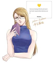 1girl ace_attorney adrian_andrews bare_shoulders blonde_hair blue_shirt book breasts brown_eyes character_name cropped_torso crossed_arms english_text glasses holding holding_book kurokawa_karasu long_hair medium_breasts parted_lips phoenix_wright:_ace_attorney_-_justice_for_all shirt sleeveless sleeveless_turtleneck solo swept_bangs turtleneck upper_body wavebox