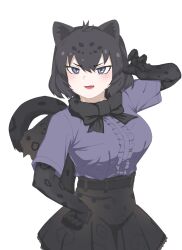 Rule 34 | 1girl, animal ears, black bow, black bowtie, black gloves, black hair, black jaguar (kemono friends), black skirt, blue eyes, blush, bow, bowtie, center frills, claw pose, cowboy shot, elbow gloves, fang, frills, gloves, high-waist skirt, highres, jaguar ears, jaguar girl, jaguar print, jaguar tail, kemono friends, looking at viewer, open mouth, pleated skirt, plq0022, print gloves, print skirt, purple shirt, shirt, short hair, short sleeves, skirt, solo, t-shirt, tail