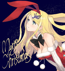 Rule 34 | 1girl, animal ears, bare shoulders, black bow, blonde hair, blush, bow, breasts, cleavage, closed mouth, commentary request, dress, earrings, fake animal ears, fur collar, fur trim, green eyes, highres, jewelry, long hair, looking away, medium breasts, merry christmas, original, pom pom (clothes), rabbit ears, rabbit tail, red dress, shiny skin, simple background, smile, solo, strapless, strapless dress, tail, tony taka