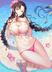 Rule 34 | 1girl, bare arms, bare shoulders, bikini, black hair, bow, braid, breasts, brown bow, brown eyes, cleavage, commentary request, earrings, facial mark, fate/grand order, fate (series), flower, forehead mark, groin, hair bow, hair flower, hair ornament, hands up, highres, jewelry, large breasts, long hair, looking at viewer, lying, mismatched bikini, nail polish, navel, on back, parted bangs, parted lips, petals, pink bikini, pink flower, platform footwear, ririko (zhuoyandesailaer), sandals, seashell, sessyoin kiara, sessyoin kiara (swimsuit mooncancer), sessyoin kiara (swimsuit mooncancer) (first ascension), shell, solo, swimsuit, twin braids, very long hair, water, white bikini, white footwear