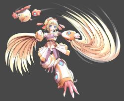 Rule 34 | 1girl, alternate costume, artist name, bird legs, blonde hair, blue eyes, breasts, commentary, english commentary, feathers, grey background, hair ribbon, harpy, highres, indie virtual youtuber, kamiyana1, mavia (vtuber), monster girl, ribbon, robot, simple background, skirt, small breasts, solo, talons, virtual youtuber, winged arms, wings, yellow feathers, yellow wings