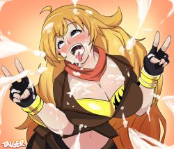Rule 34 | 1girl, ahegao, ahoge, artist name, blonde hair, blush, breasts, bukkake, cleavage, cum, cum in mouth, cum on body, cum on breasts, cum on hair, cum on upper body, double v, facial, jacket, large breasts, long hair, midriff, navel, open mouth, orange background, purple eyes, rwby, scarf, shirt, solo, taiger, tongue, tongue out, v, yang xiao long, yellow shirt