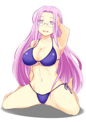 Rule 34 | 1girl, arm up, armpits, bikini, blue bikini, breasts, cleavage, fate/stay night, fate (series), glasses, hand on own head, large breasts, long hair, medusa (fate), medusa (rider) (fate), open mouth, purple hair, simple background, sitting, smile, solo, square pupils, swimsuit, very long hair, wariza, white background, zanku