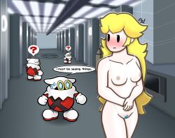 1girl ? ahoge armpits artist_request bare_arms blonde_hair blue_eyes blush breasts collarbone completely_nude embarrassed english_text exhibitionism eyelashes female_focus groin highres indoors invisible laboratory legs legs_together long_hair looking_back mario_(series) medium_breasts navel neck nervous nintendo nipples nude pale_skin paper_mario paper_mario:_the_thousand_year_door parted_bangs princess_peach public_indecency public_nudity pussy scene_reference signature size_difference spoken_question_mark sweat talking thighs truth turning_head v_arms walking x-naut