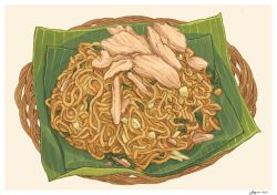 Rule 34 | basket, beige background, fajar kurniawan, food, food focus, garnish, leaf, meat, no humans, noodles, original, simple background, still life, vegetable