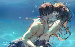 Rule 34 | 1boy, 1girl, bai qi (love and producer), brown eyes, brown hair, fins, gills, head fins, hetero, highres, kiss, long hair, looking at another, love and producer, mermaid, merman, monster boy, monster girl, protagonist (love and producer), rabbitcamilla, short hair, underwater