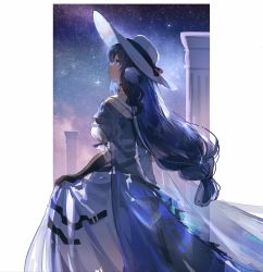 Rule 34 | 1girl, arknights, astesia (arknights), astesia (starseeker) (arknights), black gloves, blue dress, blue eyes, blue hair, braid, cowboy shot, dadijiji, dress, elbow gloves, from behind, gloves, hat, highres, long hair, looking up, low-braided long hair, low-tied long hair, night, night sky, official alternate costume, outdoors, ponytail, profile, puffy short sleeves, puffy sleeves, short sleeves, skirt hold, sky, solo, standing, star (sky), starry sky, sun hat, white hat