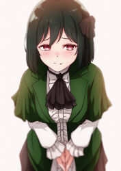 Rule 34 | 1girl, absurdres, ascot, black ascot, blurry, blush, breasts, closed mouth, commentary request, fang, fang out, frilled shirt, frilled sleeves, frills, furrowed brow, green hair, green jacket, hair between eyes, hair ribbon, highres, jacket, koufukuron (love live!), koukoutou (seikoutoutei), long sleeves, looking at viewer, love live!, love live! nijigasaki high school idol club, medium breasts, mifune shioriko, own hands together, red eyes, ribbon, shirt, short hair, solo, upper body, white background, white shirt