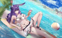 Rule 34 | 1girl, afloat, animal, animal between breasts, animal ear fluff, animal ears, anklet, arknights, arm support, ball, beach, beachball, between breasts, bikini, bikini skirt, black bow, bow, breasts, cleavage, closed mouth, copyright name, day, ear ornament, food, food on body, food on face, gengetsu (14255909), hair bow, heart, holding, holding food, ice cream, ice cream cone, jewelry, knee up, large breasts, long hair, lying, material growth, navel, ocean, official alternate costume, on back, oripathy lesion (arknights), outdoors, purple eyes, purple hair, rabbit, rabbit ears, rope (arknights), rope (summer flowers) (arknights), see-through, solo, star (symbol), stomach, strapless, strapless bikini, surfboard, swimsuit, water, white bikini