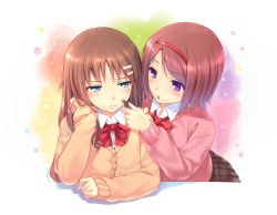 Rule 34 | 2girls, blush, bow, brown hair, cardigan, chobipero, green eyes, hair ornament, hairband, hairclip, hand in own hair, long hair, long sleeves, looking at another, multiple girls, open mouth, original, purple eyes, ruffling hair, short hair, skirt, sleeves past wrists, sweatdrop, sweater, wavy mouth