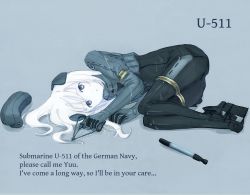 Rule 34 | 10s, 1girl, :c, blue background, character name, cropped jacket, english text, fetal position, full body, garrison cap, gloves, hat, unworn hat, unworn headwear, kantai collection, legs together, long hair, looking at viewer, lying, military, military uniform, monochrome, on side, pale skin, plantar flexion, shimesaba (simesabaikka), simple background, solo, spot color, torpedo, u-511 (kancolle), uniform, wet, wet clothes