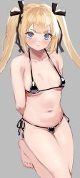 Rule 34 | 1girl, areola slip, arms behind back, awesomeerix, bikini, black bikini, blonde hair, blue eyes, dead or alive, dead or alive 5, grey background, hair ribbon, highres, legs together, light blush, looking at viewer, marie rose, micro bikini, navel, ribbon, side-tie bikini bottom, simple background, solo, stomach, swimsuit, twintails