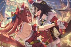 Rule 34 | 2girls, absurdres, animal ears, arm garter, blurry, blurry background, blush, bow, breasts, brown eyes, brown hair, building, buttons, christmas, christmas tree, collared shirt, commentary, daiwa scarlet (scarlet nuit etoile) (umamusume), daiwa scarlet (umamusume), diffraction spikes, double-breasted, dress, ear covers, eye contact, fang, gloves, green necktie, hair bow, hand on another&#039;s back, highres, holding hands, horse ears, horse girl, horse tail, jacket, large breasts, long hair, long sleeves, looking at another, multiple girls, necktie, open mouth, outdoors, red dress, red eyes, red gloves, red jacket, shirt, shoulder blades, skin fang, sleeveless, sleeveless dress, stiff tail, symbol-only commentary, tail, tearing up, teeth, tiara, tongue, twitter username, umamusume, v-shaped eyebrows, vodka (nonfreezing aqua vitae) (umamusume), vodka (umamusume), yuri, zzo0