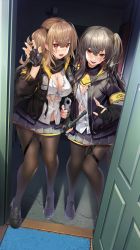Rule 34 | 2girls, 504 gateway, aiming, aiming at viewer, armband, bad id, bad pixiv id, baton (weapon), black footwear, black gloves, black pantyhose, bra, breasts, brown eyes, brown hair, commentary request, fingerless gloves, girls&#039; frontline, gloves, grey hair, grey skirt, gun, handgun, highres, holding, holding gun, holding weapon, indoors, jacket, looking at viewer, medium breasts, multiple girls, nail polish, one side up, open mouth, pantyhose, partial commentary, pink nails, pistol, red eyes, scar, scar across eye, scar on face, shirt, skirt, small breasts, standing, teeth, torn clothes, ump45 (girls&#039; frontline), ump9 (girls&#039; frontline), underwear, uniform, upper teeth only, weapon, white bra, white shirt