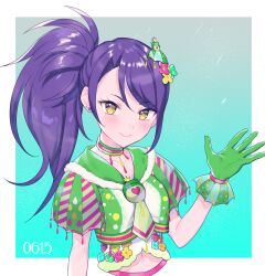Rule 34 | 1girl, blue background, border, breasts, choker, closed mouth, cropped torso, earrings, gloves, green choker, green gloves, green jacket, green neckerchief, hair ornament, hand up, heart, heart earrings, highres, hourai ninjin, jacket, jewelry, long hair, looking at viewer, midriff, neckerchief, open hand, pretty series, pripara, purple hair, short sleeves, side ponytail, small breasts, smile, solo, toudou shion, upper body, white border, yellow eyes