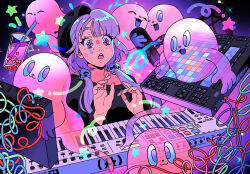 Rule 34 | 1girl, 6+others, bloodypepper, bubble tea, cable, cup, disposable cup, drinking, ghost, hair ornament, hair scrunchie, instrument, instrument request, keyboard (instrument), low twintails, microphone, multiple others, open mouth, original, purple background, purple eyes, purple hair, purple theme, scrunchie, star (symbol), sticker on arm, surprised, synthesizer, twintails, wide-eyed, yume kawaii