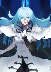 Rule 34 | 1girl, ahoge, akashingo (rotampel), bad id, bad twitter id, blood, blood on face, blue blood, blue eyes, blue hair, colored blood, dress, elbow gloves, floating hair, fur, fur collar, gloves, hair between eyes, hand on own chest, highres, long dress, long hair, open mouth, single elbow glove, sleeveless, sleeveless dress, solo, vivy, vivy: fluorite eye&#039;s song, white gloves