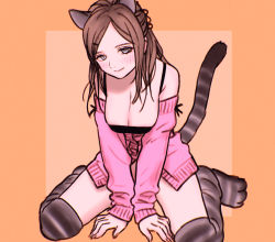 Rule 34 | 1girl, animal ears, bare shoulders, between legs, blush, breasts, brown hair, cat ears, cat tail, commentary, grey eyes, half updo, hand between legs, highres, large breasts, light smile, long hair, long sleeves, off shoulder, original, parted bangs, paw shoes, rustle, shoes, simple background, sitting, solo, tail
