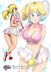 Rule 34 | 1girl, absurdres, ass, ball, bare shoulders, blonde hair, blue eyes, breasts, cleavage, closed mouth, collarbone, cowboy shot, crop top, crown, earrings, from behind, full body, highres, jewelry, large breasts, lips, long hair, looking at viewer, looking back, mario (series), mario tennis, midriff, miniskirt, multiple views, navel, nintendo, open mouth, pleated skirt, ponytail, princess peach, racket, red footwear, sasa tseng, shoes, simple background, skirt, sleeveless, smile, sneakers, solo, sportswear, standing, tennis ball, tennis racket, tennis uniform, white background, white skirt