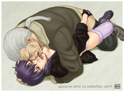 Rule 34 | 1boy, 1girl, artist name, ass, ass grab, azasuke, batou (gits), boots, breasts, cleavage, clothed sex, cyborg, fingerless gloves, ghost in the shell, gloves, grey hair, groping, hand on head, hetero, highres, hug, jacket, kiss, kusanagi motoko, lying, missionary, ocular implant, on back, ponytail, purple hair, red eyes, sex, short hair, text focus, thighhighs, tongue, vaginal