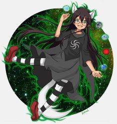 Rule 34 | 1girl, animal ears, black hair, dog ears, dog tail, dress, glasses, green eyes, homestuck, jade harley, long hair, pantyhose, planet, red footwear, shoes, smile, solo, striped clothes, striped pantyhose, tail, ximsol182, yaya-9 (ximsol)