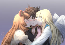 1boy 2girls animal_ears black_hair black_skirt blonde_hair blush brown_hair closed_eyes commentary couple dress embarrassed english_commentary feathered_wings filo_(tate_no_yuusha_no_nariagari) gradient_background grey_background hetero highres hug iruhamu iwatani_naofumi kiss long_hair messy_hair mixed-language_commentary multiple_girls raccoon_ears raccoon_girl raphtalia short_hair skirt tate_no_yuusha_no_nariagari upper_body white_dress white_wings wings