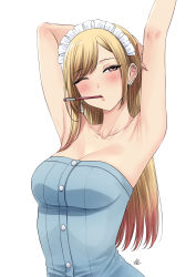 Rule 34 | 1girl, armpit lips, armpits, arms up, biting pen, blonde hair, blue dress, buttons, collarbone, dress, highres, kitagawa marin, looking to the side, maid headdress, multiple piercings, nail polish, one eye closed, red eyes, solo, sono bisque doll wa koi wo suru, standing, stretching, white background, xter