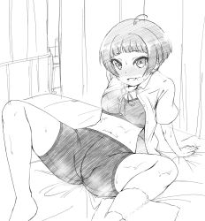 Rule 34 | 1girl, :d, ahoge, araki rena, bike shorts, blunt bangs, blush, breasts, collarbone, commentary request, crotch seam, eyes visible through hair, greyscale, hatching (texture), highres, looking at viewer, monochrome, navel, nekono matatabi, nervous sweating, nose blush, open mouth, short bangs, short hair, short sleeves, sketch, smile, solo, sports bra, spread legs, stomach, sweat, tokyo 7th sisters, very short hair, wing collar