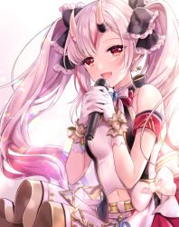 Rule 34 | 1girl, arm strap, black bow, blush, bow, breasts, commentary request, earrings, fang, gloves, hair bow, holding, holding microphone, hololive, horns, jewelry, long hair, looking at viewer, microphone, midriff, multicolored hair, nakiri ayame, navel, open mouth, red eyes, red hair, shirt, sidelocks, silver hair, simple background, skin-covered horns, skin fang, sleeveless, sleeveless shirt, small breasts, solo, twintails, two-tone hair, usano, virtual youtuber, white background, white gloves