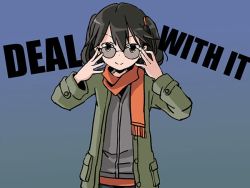 Rule 34 | 1girl, black hair, brown eyes, casual, deal with it (meme), english text, gradient background, hair ribbon, jacket, kantai collection, meme, orange scarf, ribbon, scarf, sendai (kancolle), sixten, smile, solo, sunglasses, twintails, upper body