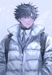 Rule 34 | 1boy, backpack, bag, breath, chamuring, coat, grey eyes, grey hair, grey sweater vest, hand in pocket, highres, looking to the side, male focus, necktie, original, shirt, short hair, simple background, smile, snow, snow on head, snowing, solo, spiked hair, sweater vest, unzipped, white shirt, winter clothes, winter coat