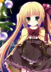 Rule 34 | 1girl, absurdres, bauble, black dress, blonde hair, blush, cape, christmas ornaments, christmas tree, clothes lift, cowboy shot, dress, dress lift, fir tree, garter straps, green eyes, highres, long sleeves, looking at viewer, mizusawa mimori, plant, solo, standing, tareme, tree, twintails