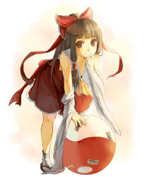 Rule 34 | 1girl, arm support, ascot, ball, bare shoulders, bent over, bow, brown eyes, brown hair, detached sleeves, female focus, hair bow, hair tubes, hakurei reimu, japanese clothes, long hair, miko, ofuda, ori, ponytail, ribbon, sidelocks, smile, solo, touhou, yin yang