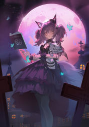 Rule 34 | 1girl, absurdres, animal ears, arknights, black bow, black bowtie, black collar, black hat, book, bow, bowtie, bug, building, butterfly, church, collar, commentary, dress, english commentary, feet out of frame, floating, floating book, floating object, fox ears, fox girl, fox tail, full moon, hair between eyes, hat, highres, holding, holding stuffed toy, insect, jewelry, long hair, mini hat, moon, necklace, official alternate costume, open book, orange eyes, outdoors, pantyhose, pink dress, pink hair, shamare (arknights), shamare (echo of the horrorlair) (arknights), softkittywarmkitty, solo, stuffed toy, tail, tombstone, twintails, unworn jewelry, unworn necklace, white pantyhose