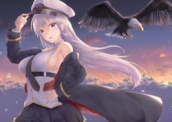 Rule 34 | 1girl, armpits, azur lane, bare shoulders, bird, blush, breasts, buttons, cloud, eagle, enterprise (azur lane), evening, feathers, hair between eyes, hand on headwear, hand on own hip, hat, highres, large breasts, long hair, looking at viewer, miniskirt, necktie, open mouth, outdoors, peaked cap, petals, pleated skirt, purple eyes, sausan, shirt, sideboob, sidelocks, silver hair, skirt, sleeveless, sleeveless shirt, smile, solo, star (symbol), thighhighs, very long hair, white shirt, wind, wind lift
