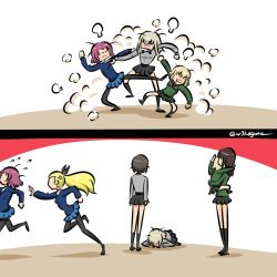 Rule 34 | 2koma, 6+girls, puff of air, all fours, anger vein, assam (girls und panzer), black footwear, black hair, black ribbon, black skirt, black socks, blonde hair, blue skirt, blue sweater, bowing, brown hair, carrying, chasing, child carry, clothes grab, comic, commentary, dress shirt, dust cloud, faceless, faceless female, fighting, fleeing, flying sweatdrops, frown, fume, girls und panzer, green jacket, grey shirt, grimace, hair pulled back, hair ribbon, hand on another&#039;s head, itsumi erika, jacket, katyusha (girls und panzer), kicking, kogane (staygold), kuromorimine school uniform, leaning forward, long hair, long sleeves, looking at another, lowres, miniskirt, multiple girls, nishizumi maho, nonna (girls und panzer), one-hour drawing challenge, pantyhose, pleated skirt, pravda school uniform, prostration, punching, reaching, reaching towards viewer, red hair, ribbon, rosehip (girls und panzer), running, school uniform, seiza, shadow, shirt, shoes, short hair, sitting, skirt, socks, st. gloriana&#039;s school uniform, standing, sweater, twitter username, white shirt