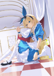 Rule 34 | 1girl, alice (alice in wonderland), alice in wonderland, black footwear, black hairband, blonde hair, blue dress, blue eyes, blue hairband, blue ribbon, checkered floor, commentary, curtains, dress, english commentary, foot out of frame, frilled dress, frills, hair between eyes, hairband, hand up, heterochromia, indoors, kneehighs, knees up, leg grab, loafers, long hair, looking at animal, on floor, parted lips, pinafore dress, puffy short sleeves, puffy sleeves, ribbon, shoes, short sleeves, sitting, sleeveless dress, socks, solo focus, wakuseiy, white rabbit (alice in wonderland), white socks, wrist cuffs, yellow eyes