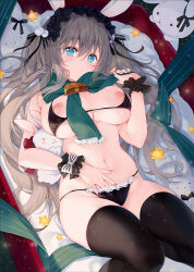 Rule 34 | 1girl, :o, animal, animal ears, bed sheet, bell, bikini, black bikini, black thighhighs, blue eyes, blush, bow, breasts, breasts out, brown hair, christmas, eikaa, fake animal ears, feet out of frame, highres, large breasts, long hair, looking at viewer, maid headdress, nails, navel, nipples, original, panties, rabbit, rabbit ears, ribbon, scarf, swimsuit, thighhighs, toy, twintails, underwear