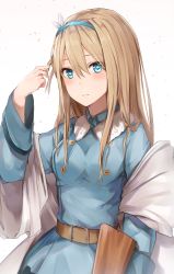 Rule 34 | 1girl, belt, black cola, blonde hair, blue dress, blue eyes, blush, breasts, brown belt, buckle, buttons, closed mouth, coat, collared coat, double-breasted, dress, eyes visible through hair, fur-trimmed coat, fur trim, girls&#039; frontline, gun, hair between eyes, hair ornament, hair over shoulder, hairband, heart, heart-shaped pupils, highres, holding, holding gun, holding weapon, long hair, looking at viewer, medium breasts, military, military uniform, off shoulder, open clothes, open coat, petals, playing with hair, sidelocks, solo, submachine gun, suomi (girls&#039; frontline), suomi kp/-31, symbol-shaped pupils, uniform, weapon, white background