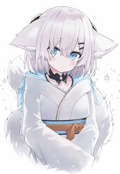 Rule 34 | 1girl, :&lt;, animal ear fluff, animal ears, ars almal, blue eyes, blush, closed mouth, collarbone, commentary request, cropped torso, floral background, hair ornament, hair over one eye, hairclip, highres, japanese clothes, kimono, kuhotaka, long sleeves, looking at viewer, multiple tails, nijisanji, obi, sash, silver hair, simple background, solo, tail, upper body, virtual youtuber, white background, white kimono