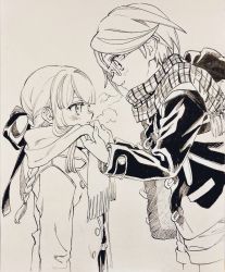 Rule 34 | 2girls, alternate costume, blush, bow, braid, danganronpa, danganronpa (series), danganronpa kirigiri, from side, glasses, grey background, greyscale, hair ribbon, height difference, highres, holding, holding clothes, holding scarf, jacket, kirigiri kyoko, long sleeves, looking at another, monochrome, multiple girls, no+bi=, open clothes, open jacket, parted lips, profile, ribbon, samidare yui, scarf, short hair, shorts, simple background, smile, teeth