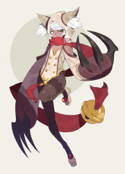 Rule 34 | 1girl, animal ears, animal hood, beige background, bell, brown pantyhose, claws, closed mouth, dark-skinned female, dark skin, eyepatch, fake animal ears, fang, floral print, highres, hood, hood up, long scarf, original, oversized object, pantyhose, red scarf, scarf, short hair, simple background, skin fang, slit pupils, smile, solo, twintails, white hair, wtcolor, yellow eyes