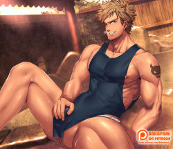 Rule 34 | &gt; o, animal ears, apron, arkapami, arm tattoo, bara, black apron, brown eyes, brown hair, bulge, cat boy, cat ears, crotch grab, fundoshi, japanese clothes, large pectorals, looking at viewer, male focus, muscular, muscular male, nipples, one eye closed, onsen, outdoors, paid reward available, patreon logo, patreon username, pectorals, paid reward available, rom (show by rock!!), short hair, show by rock!!, sidepec, sitting, smile, solo, sunset, sweat, sweatdrop, tattoo, teeth, thick thighs, thighs