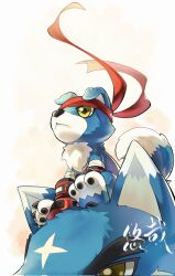 Rule 34 | bandages, blue fur, blue tail, claws, closed mouth, digimon, digimon (creature), dog, gaogamon, gaomon, gloves, headband, highres, on head, pawpads, red gloves, red headband, sitting, two-tone fur, two-tone tail, white fur, white tail, yellow eyes, youzaiyouzai112