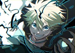 Rule 34 | 1boy, absurdres, artist name, black capelet, black clover, blonde hair, capelet, claws, energy, green eyes, green shirt, highres, looking at viewer, luck voltia, male focus, nac tw, open mouth, shirt, short hair, smile, solo, white background