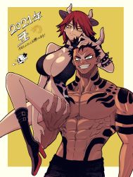 Rule 34 | 1boy, 1girl, 2021, animal print, black footwear, black hair, black pants, blazbluefairy, blue eyes, boots, breasts, carrying, cleavage, cow, cow print, feet out of frame, highres, horns, huge breasts, looking at viewer, muscular, muscular male, original, pants, red hair, scar, scar on face, topless male, short hair, smile, tattoo, yellow background, yellow eyes